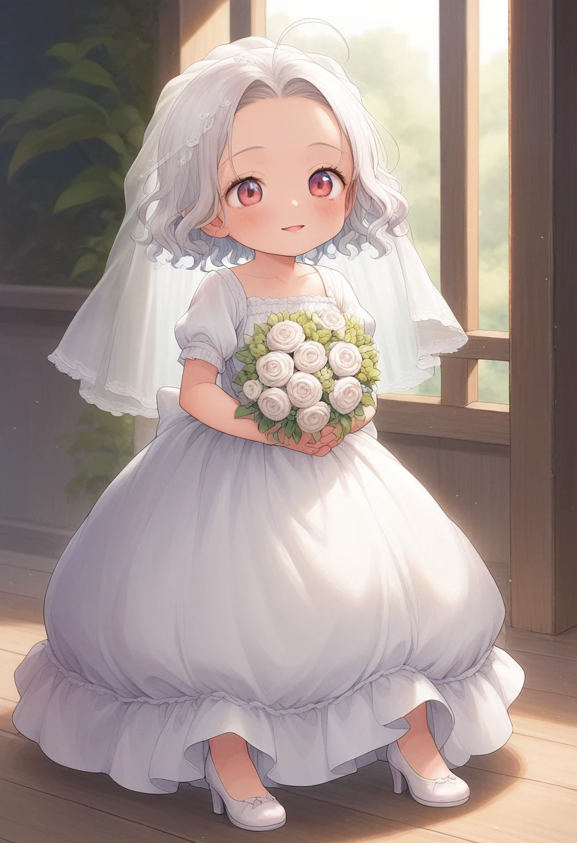 score_9, score_7_up, score_6_up, 1girl, source_cartoon, source_anime,breathtalking Scenery,watercolor,smooth soft skin, natural skin,
BREAK
(loli:1.5),(little female child:1.5),(forehead:1.2), excessive detailed forehead,6 yo, kawaii, baby face,(short white curly hair:1.1), (white hair:1.2), (chestnut mouth:1.2),antenna hair, red eyes,ultra cute face,(blush:1.1),1girl,embarrassed,
BREAK
brocade pattern short sleeve wedding dress, white gloves, frill, (short sleeve wedding dress:1.4), high heel,silk veil,full-face blush,littlesmile,looking up,white flower bouquet,
BREAK
(indoors:1.3),In a secluded setting, surrounded by a dense forest, the bog lay hidden like a secret gem, its misty surface whispering tales of ancient times,full body,dynamicangle,dynamicpose,