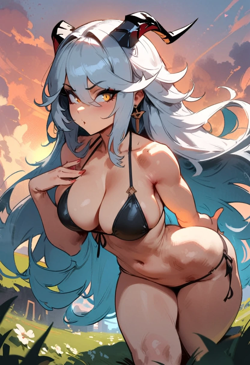 1girl, aegir \(azur lane\), azur lane \\\\\ masterpiece, best quality, very aesthetic, absurdres, newest \\\\\\ perfect anatomy, slim body, ,perfect hands, , , \\\\\\ by nyantcha,,by cutesexyrobutts,by khyle ///// , , , silvery white hair with a single prominent red streak , black horns, , , yellow eyes, ,, ,,,, ,,splash art, meadow, sunset,, ,bikini
