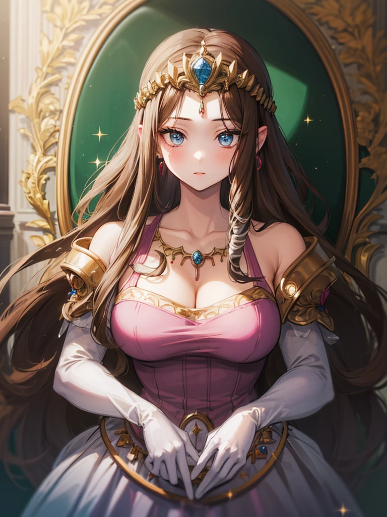 ((Dark brown hair)),Anime art style,masterpiece,(Highest quality), (Very detailed),(Very delicate and beautiful),(alone),((whole body portrait)),whole body,whole body portrait,(Detailed face and eyes),Beautiful eyes like jewels,(A truly gorgeous jeweled ruffled rococo ball gown dress),(((Mature Woman,Queen))),((1 Queen in a beautiful embroidery and jeweled absolutely gorgeous rococo ballgown dress with voluminous full length hoop skirt)),((crinoline)),Absolutely gorgeous highly detailed rococo ball gown dress with ruffled voluminous full length hoop skirt,((Straight hair galore,Very long straight hair with plenty of volume,Super long straight hair)),(),Cleavage,(Fantasy Castle,Outdoor,Outside the castle),length_gloves,Very gorgeous hair accessory,Sparkling、A gorgeous jewel-studded tiara,((Gorgeous Glitter Jewelry)),whole body portrait