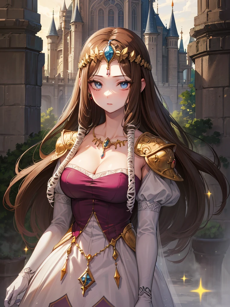 ((Dark brown hair)),Anime art style,masterpiece,(Highest quality), (Very detailed),(Very delicate and beautiful),(alone),((whole body portrait)),whole body,whole body portrait,(Detailed face and eyes),Beautiful eyes like jewels,(A truly gorgeous jeweled ruffled rococo ball gown dress),(((Mature Woman,Queen))),((1 Queen in a beautiful embroidery and jeweled absolutely gorgeous rococo ballgown dress with voluminous full length hoop skirt)),((crinoline)),Absolutely gorgeous highly detailed rococo ball gown dress with ruffled voluminous full length hoop skirt,((Straight hair galore,Very long straight hair with plenty of volume,Super long straight hair)),(),Cleavage,(Fantasy Castle,Outdoor,Outside the castle),length_gloves,Very gorgeous hair accessory,Sparkling、A gorgeous jewel-studded tiara,((Gorgeous Glitter Jewelry)),whole body portrait