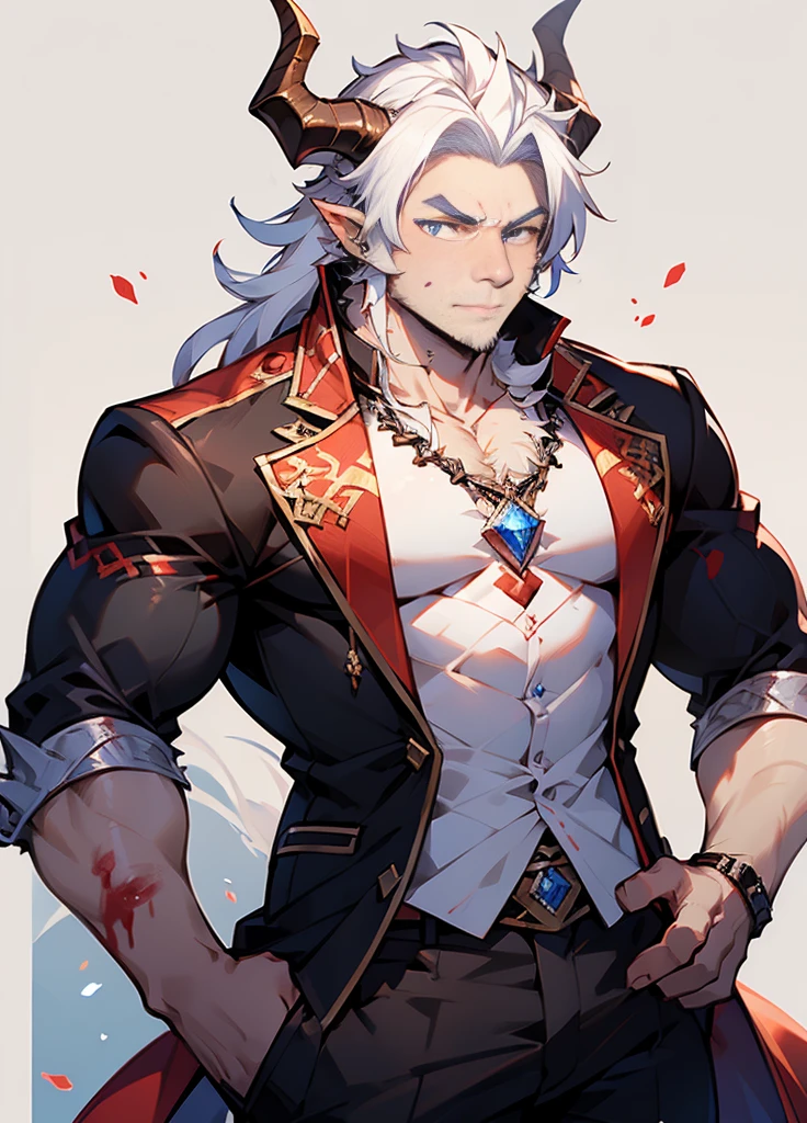 (masterpiece),Very detailed,(best quality),hairy,Red Dragon,male,Dragon Scale,black dragon horns,blue eyes,White hair,尾巴hairy的,Blood in left eye,Be honest and trustworthy,Handsome,8K,(high quality)