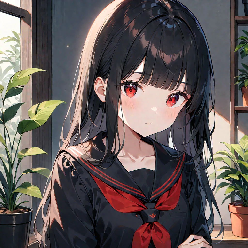 1girl, solo, , black hair, red eyes, looking at viewer, serafuku, bangs, plant, long hair, indoors, black serafuku, upper body, sailor collar, closed mouth, neckerchief, blunt bangs, red neckerchief, black sailor collar, potted plant, collarbone, (medium quality), 1girl, solo, , black hair, red eyes, looking at viewer, serafuku, bangs, plant, long hair, indoors, black serafuku, upper body, sailor collar, closed mouth, neckerchief, blunt bangs, red neckerchief, black sailor collar, potted plant, collarbone, (medium quality)
