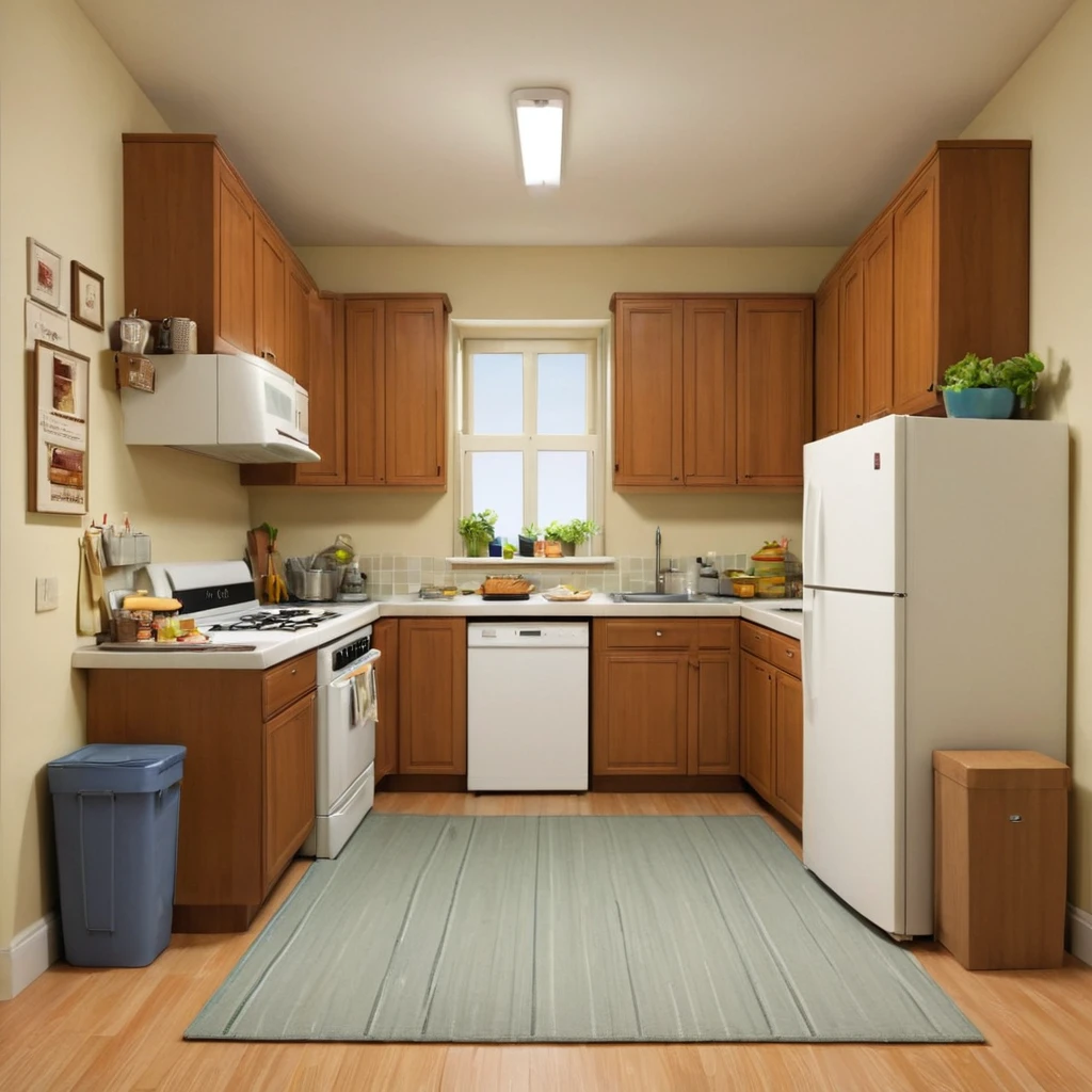 A small, neatly organized apartment with beige walls. The scene should include a single slice of toast on a plate, buttered to an exact specification. Nearby, a beige refrigerator hums softly. There should be stacks of perfectly filed invoices and a limp salad chopped into uniform squares, symbolizing the precise and mundane routine of Reginald’s life.