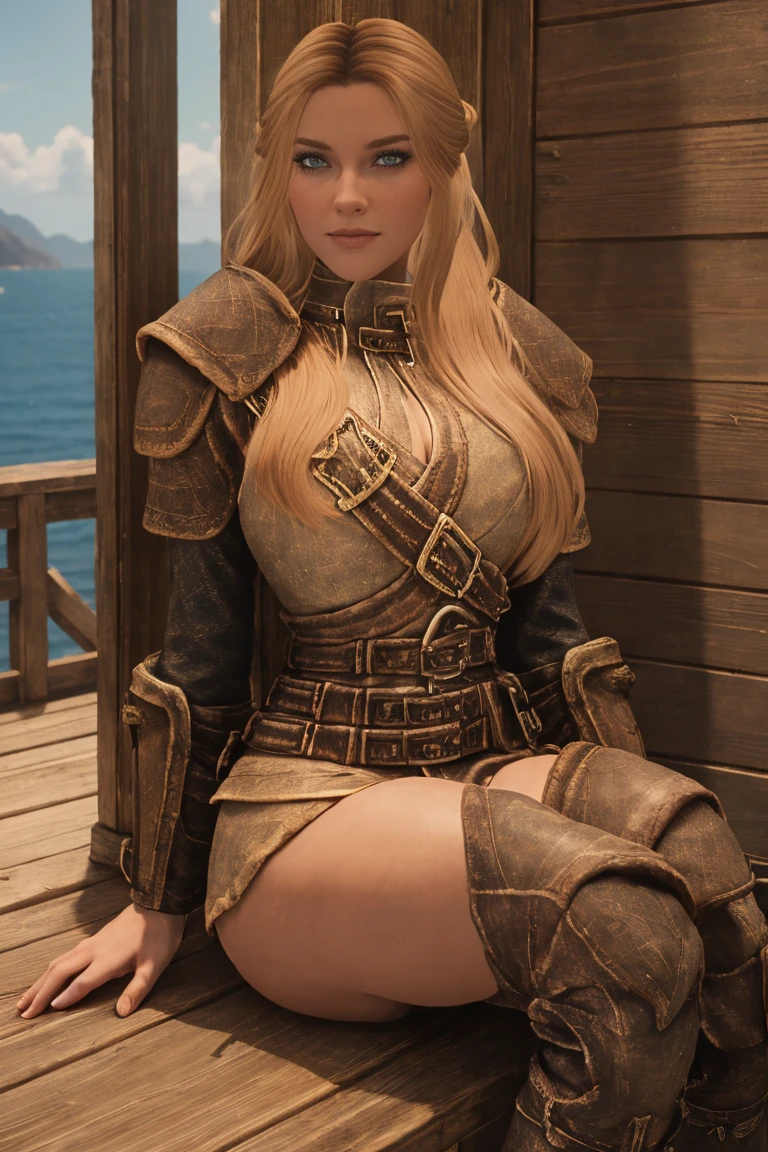 A majestic female Breton warrior maiden, her long, curly blonde hair tied back by a crimson ribbon, sits cross-legged on the wooden deck of the majestic ship in Daggerfall's harbor, basking in the warm sunlight. Her armor, adorned with intricate silver filigree, gleams against the blue sky as she dons a short skirt and knee-high boots. Her piercing gaze, bold and unyielding, meets the viewer's direct stare, her features illuminated by the golden light.