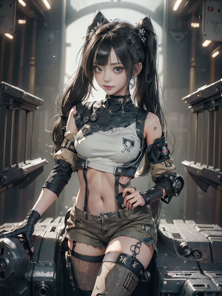 (Full Body View:1.5)、(Side view:1.0)、(Please smile with your teeth showing:1.3),(Shibuya Gal:1.5)、(Gothic ta style fashion:1.5)、(Tattered khaki and gray futuristic micro high leg bodysuit:1.5)、(Tattered Khakis and White Micro Fancy Sleeves:1.5)、(Tattered khaki micro shorts:1.5)、(Brown and khaki knee socks:1.3)、(camouflage:1.3)、(Military jacket:1.4)、Brown boots、Khaki gloves、internal、(The underwear is striped:1.4)、23 years old、(do a gravure pose:1.3)、((Highest quality、8K、masterpiece:1.3))、One girl、The beauty of slim abs:1.3、(Hairstyle Casual、Big Tits:1.1)、dress:1.1、Super small face、Narrow eyes、double eyelid、Laughter、Esbian all over、Dynamic Angle、Close-up、CPL Filter、Blurred Background、Bokeh、Blue Hour、Detailed face and skin texture、Detailed Eyes,(Twin tails:1.3)、(Black brown hair:1.4)、Gravure idol pose、(The background is the cockpit of the battlefield:1.3)、(The body is slim:1.2),(Slim legs:1.4),(clavicle:1.1)