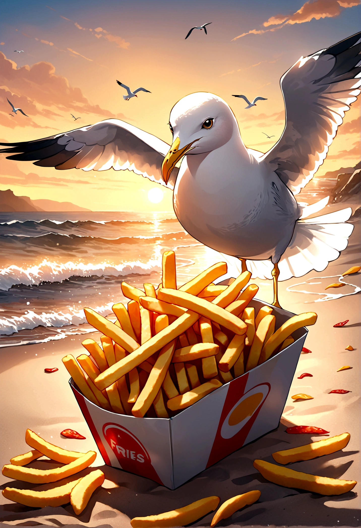 Seagull and Fries, seagull, french fries, beach, sunset, dramatic sky, ocean waves, sandy shore, food on the beach, hungry seagull, seagull reaching for fries, detailed seagull, detailed french fries, 8k, highly detailed, vivid colors, dramatic lighting, cinematic, golden hour, masterpiece, best quality, very aesthetic, absurdres