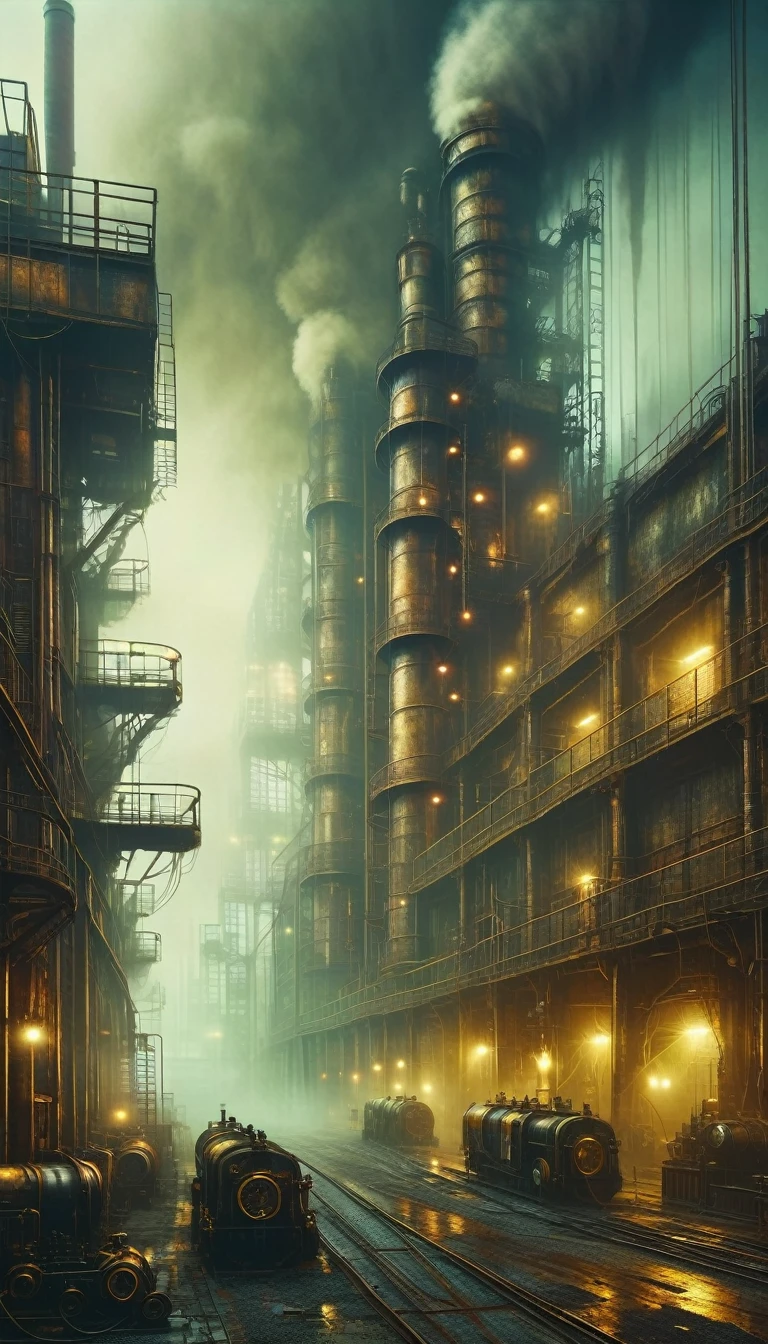 (steampunk:1.5), detailed large ruined industrial factory, foggy atmosphere, polluted environment, dirty industrial aesthetic, dystopian atmosphere, dramatic lighting, muted color palette, highly detailed masterpiece (best quality, 4k, 8k, high resolution, artwork master: 1.2), ultra detailed, (realistic, photorealistic, photorealistic: 1.37)(art inspired by Bill Sienkiewicz). oil painting)