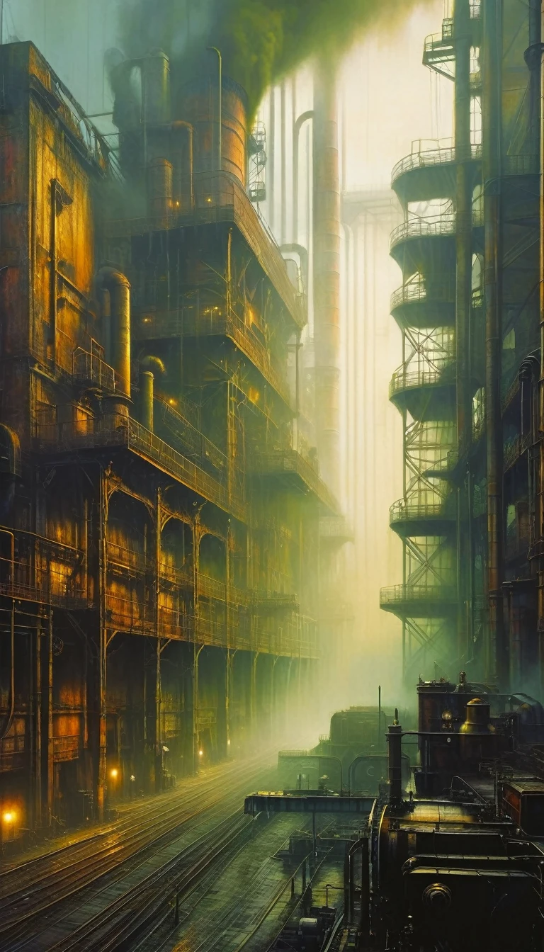 (steampunk:1.5), detailed large ruined industrial factory, foggy atmosphere, polluted environment, dirty industrial aesthetic, dystopian atmosphere, dramatic lighting, muted color palette, highly detailed masterpiece (best quality, 4k, 8k, high resolution, artwork master: 1.2), ultra detailed, (realistic, photorealistic, photorealistic: 1.37)(art inspired by Bill Sienkiewicz). oil painting)