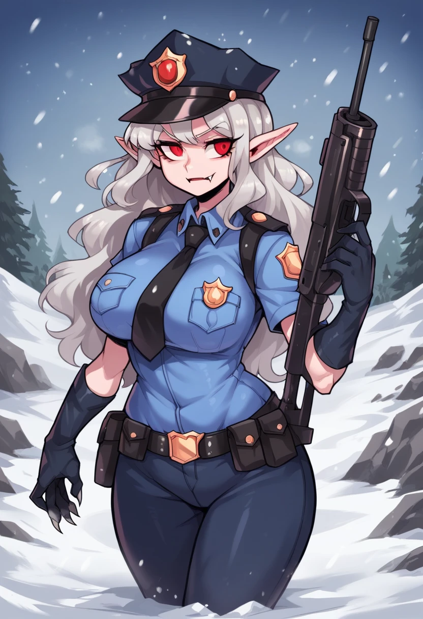 NSFW,((Perfect human body)),One girl, Red eyes, Wavy silver hair, Pointed Ears, vampire, Drooping eyes,Police uniform,Panic expression,Police hat,Mobile Task Force Equipment,Big Breasts,Hair Flowers, snow, ice, whole body,Ready a rifle