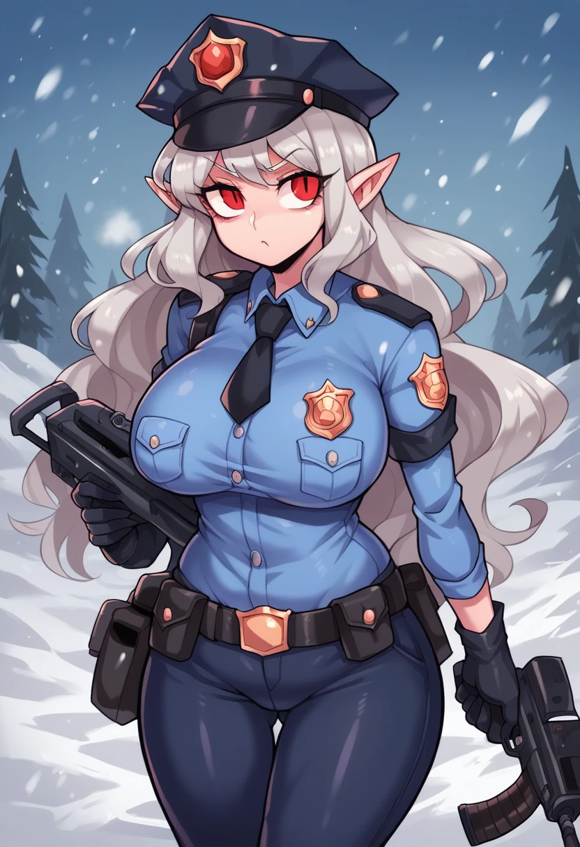 NSFW,((Perfect human body)),One girl, Red eyes, Wavy silver hair, Pointed Ears, vampire, Drooping eyes,Police uniform,Panic expression,Police hat,Mobile Task Force Equipment,Big Breasts,Hair Flowers, snow, ice, whole body,Ready a rifle