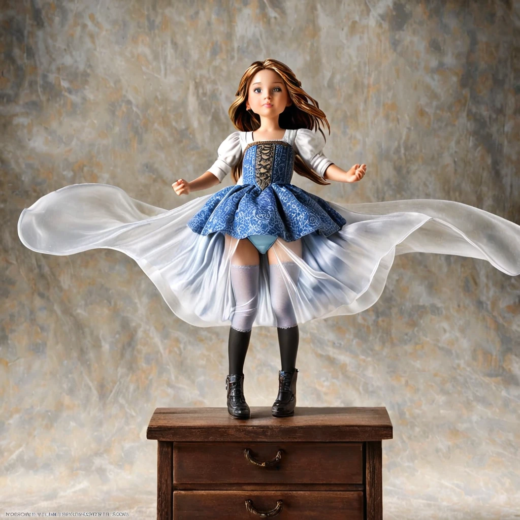 underwear, Realistic panties made from patterned cotton fabric, Medieval one-piece dress with panniers, Fabric Realism, Low - Angle, You can see the drawer, Pull up the dress by hand, Strong winds, Translucent slip, Translucent slip, tights, Highest quality, Crotch close-up, whole body