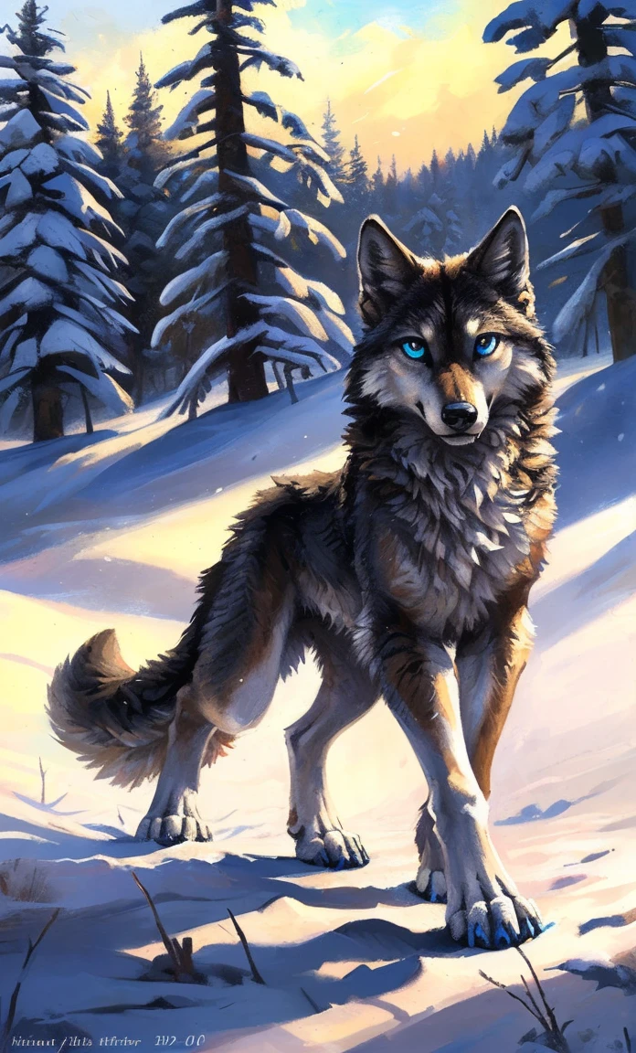 ((Solo)), male people, anthro wolf, (Multi-colored fur, White-brown:1.3,White tail pointed), (Height 2.1m,Tail length 1.2m), ((Wolf face, Big eyes, White eyelids, Blue pupil, Slim:1.2) (Tough, Calm expression:1.2)), Slim, pinging)), (Correct anatomy), (Winter clothing:1.1), The upper body naked, (detailed outfits),A long big tail,Feet,(Realistic fur, Detailed fur texture, labeled:1.3)), (Natural lighting), Photorealistic, Hyperrealistic, ultradetailed, by Kenket,Snowfield,erect through,Running on