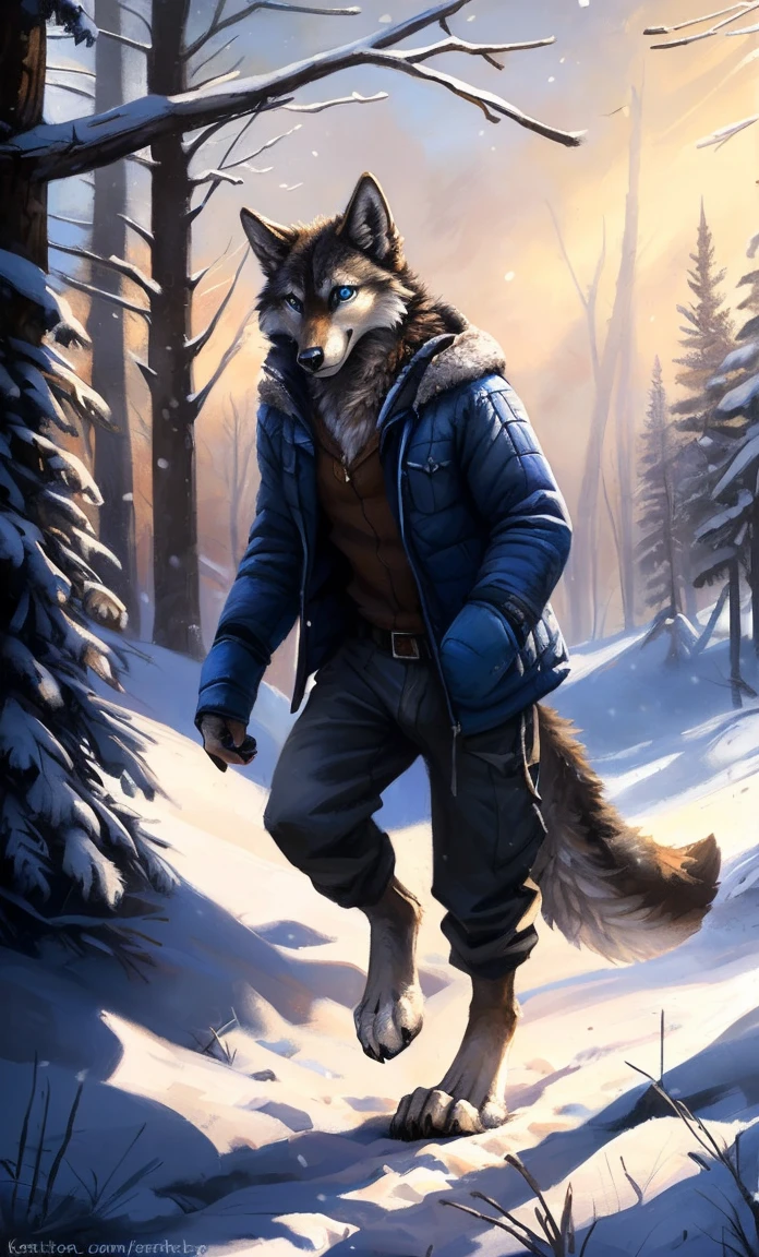 ((Solo)), male people, anthro wolf, (Multi-colored fur, White-brown:1.3,White tail pointed), (Height 2.1m,Tail length 1.2m), ((Wolf face, Big eyes, White eyelids, Blue pupil, Slim:1.2) (Tough, Calm expression:1.2)), Slim, pinging)), (Correct anatomy), (Winter clothing:1.1), The upper body naked, (detailed outfits),A long big tail,Feet,(Realistic fur, Detailed fur texture, labeled:1.3)), (Natural lighting), Photorealistic, Hyperrealistic, ultradetailed, by Kenket,Snowfield,erect through,Running on