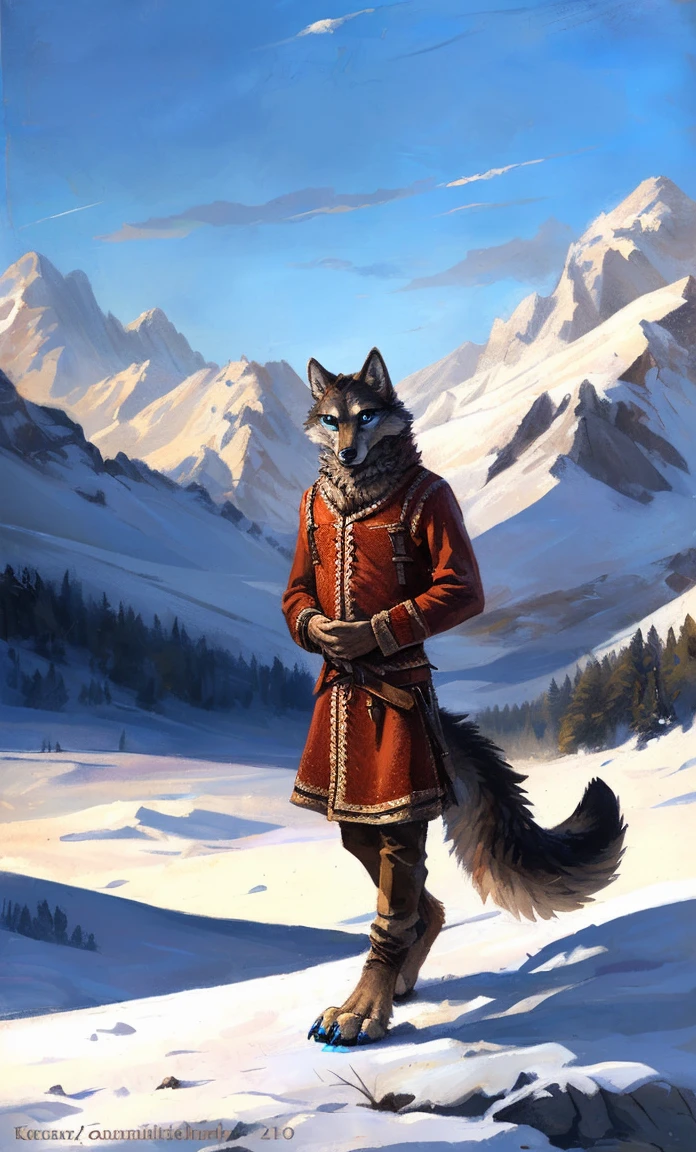 ((Solo)), male people, anthro wolf, (Multi-colored fur, White-brown:1.3,White tail pointed), (Height 2.1m,Tail length 1.2m), ((Wolf face, Big eyes, White eyelids, Blue pupil, Slim:1.2) (Tough, Calm expression:1.2)), Slim, pinging)), (Correct anatomy), (Winter clothing:1.1), The upper body naked, (detailed outfits),A long big tail,Feet,(Realistic fur, Detailed fur texture, labeled:1.3)), (Natural lighting), Photorealistic, Hyperrealistic, ultradetailed, by Kenket,Snowfield,erect through,Running on