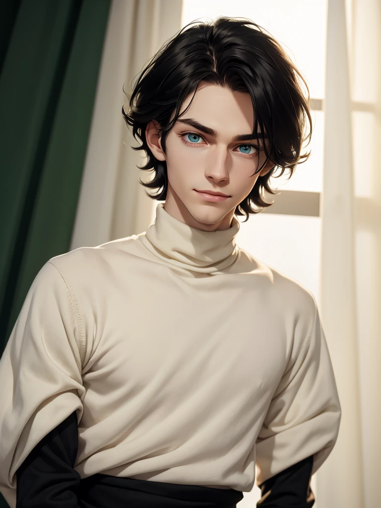 (best quality), 1boy, pale skin, black hair, medium hair, curtain hair, tousled hair, green eyes, perfect eyes, dark circles under eyes, handsome, light smile, attractive, turtleneck sweater, masterpiece, anatomically correct, highres
