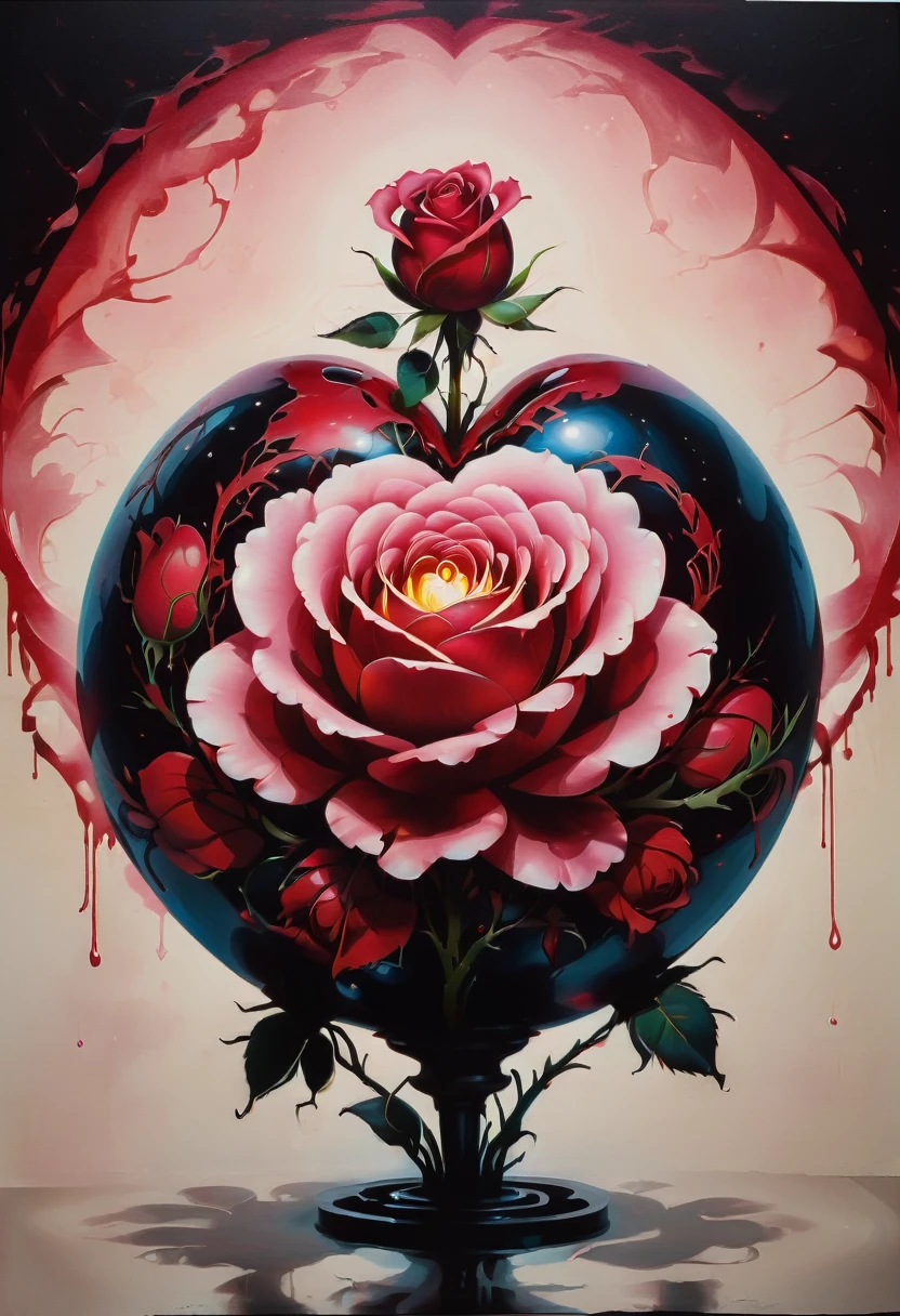 stencil style Painting of a Heart morphing into a sphere with a rose in the middle, low key lighting, 