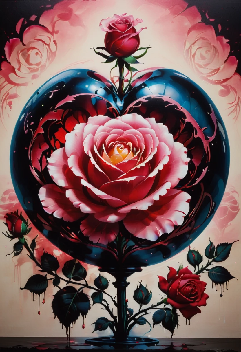 stencil style Painting of a Heart morphing into a sphere with a rose in the middle, low key lighting, 