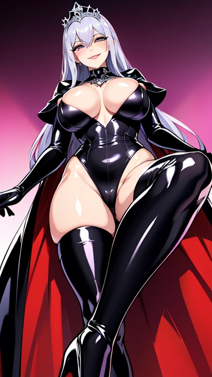 Mature Woman,(dress,パーティdress,Gorgeous costumes,tiara,High heels,Black Stockings,Long gloves,latex),((Queen,Villainous Daughter)),(A seductive smile,Wicked Smile), (From below:1.1), (blush, eyelash, Beautiful Eyes, Beautiful feet,Mysterious Lipstick),There is cleavage in the chest, Perfect body, Shadow, Villainess,Mole on chest,