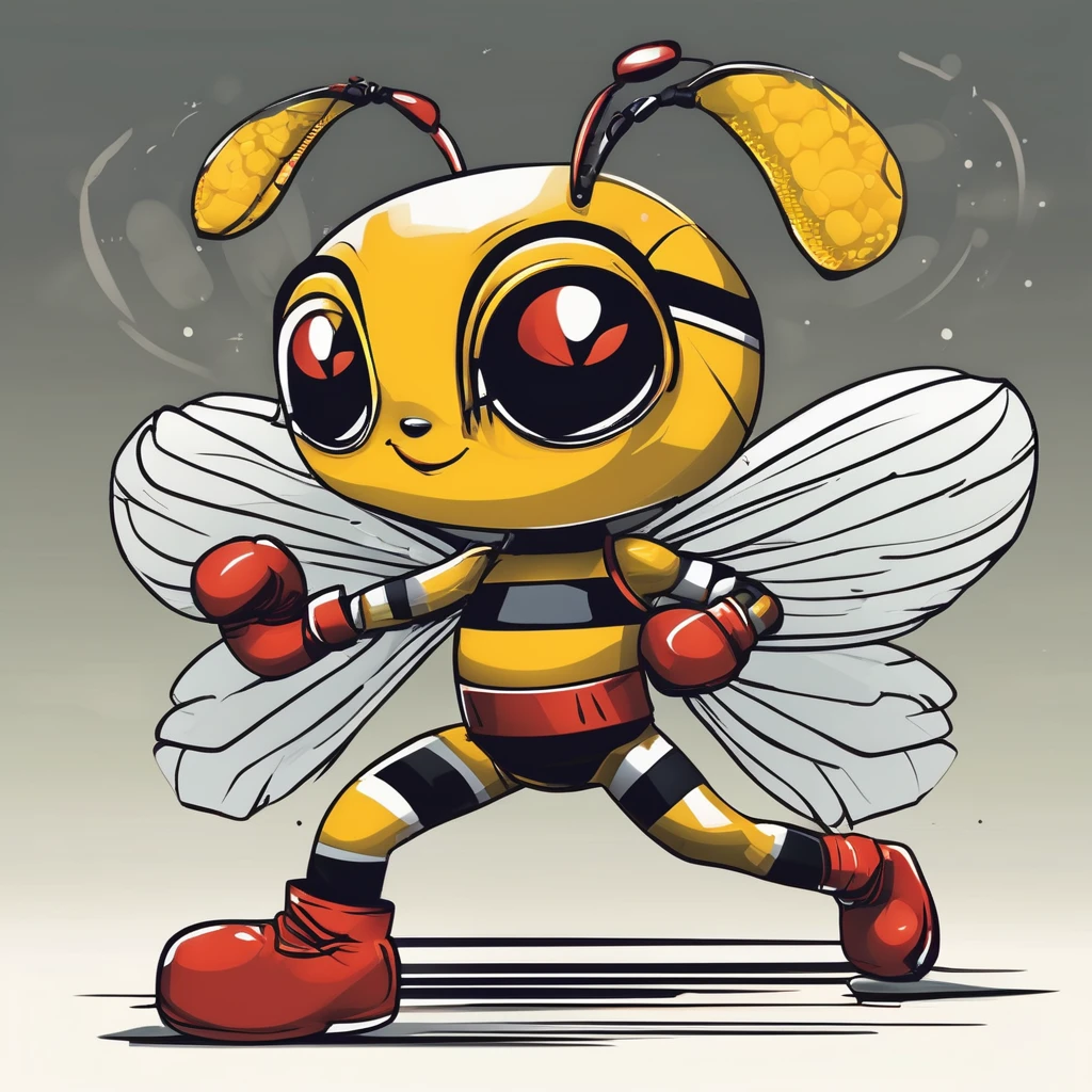 "Illustration d'une abeille en style cartoon. L'abeille est debout, portant de grands gants de boxe rouges sur ses pattes avant. She looks determined and confident., avec de grands yeux expressifs et un léger sourire. Son corps est rayé de jaune et de noir, avec des ailes transparentes. boxing, 