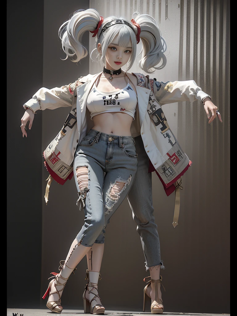 (Full Body View:1.3)、(Side view:1.1)、(Beautiful face:1.3)、(Smiling with teeth showing:1.3),(Shibuya Gal:1.5)、(Beverly Hills Whore:1.4)、(Neo-goth fashion:1.5)、(Punk RockVisual Kei:1.4)、(Modern white and red Barong:1.5)、(Tattered brown and charcoal denim bugle pants:1.5)、(Mustard Yellow Headband:1.3)、(Charcoal and khaki high heels:1.4)、collar、(We sell patterned underwear with logos.:1.4)、15 years old、NSFW,((Highest quality、In 8K、masterpiece:1.3))、Sharp focus:1.2、(Layered Cut、Huge boobs:1.1),Beautiful woman with perfect figure:1.4、(Open legs:1.3)、(Raise your arms:1.2)、(Open your crotch:1.3)、Slender Abs:1.2、Butt、Highly detailed face and skin texture、Detailed eyes、double eyelid,(Twin tails:1.3)、(White-gold hair:1.3)、Dynamic Pose、Obscene pose、Humiliating pose、Gravure idol、(luxury fashion show stage:1.3)、(Make your legs thinner:1.4)、(Slim body:1.3)、(clavicle:1.1)