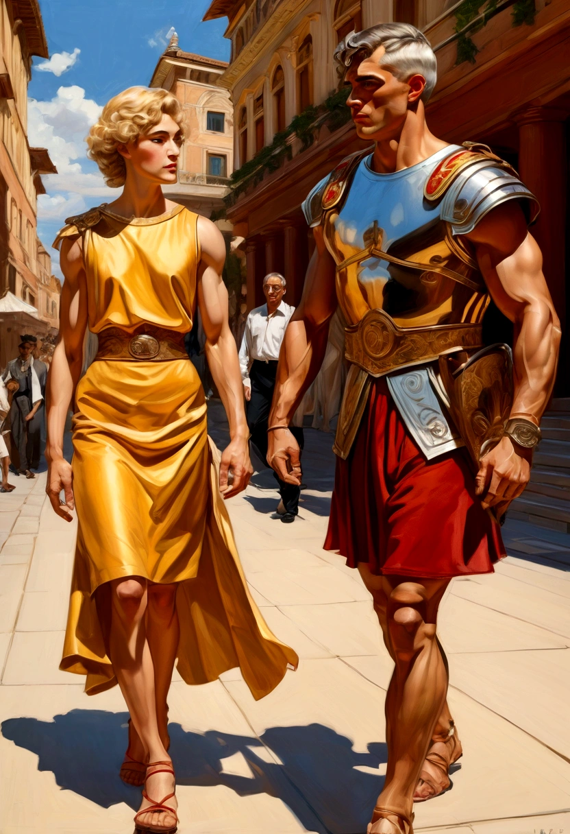 fullbody image,(( front view))
fullbody, oil painting in (A 35 years old roman soldier masculine gaze, square chin, short wavy hair, wearing short roman skirt, muscled body 190cm high in roberto ferri style), walks next to ( An 18 years old man, aesthetic athletic body, blond, gorgeous ,170cm high, barefoot, In artistic style of joaquin sorolla and leng jun), they are walking on the street, background brand new roman circus in paul chabas+leyendecker+norman rockwell styles
e
,penis,penisoveroneeye,xpenis,style of Edvard Munch
The image is a masterful composition of color, shape, and form, creating a sense of harmony and balance ultrdetailed, intincate detailed image, realistic, combine vivid color and soft colors to generate realisim sense, combine lights and shadows to generate deep sense,penis,art by sargent,scenery