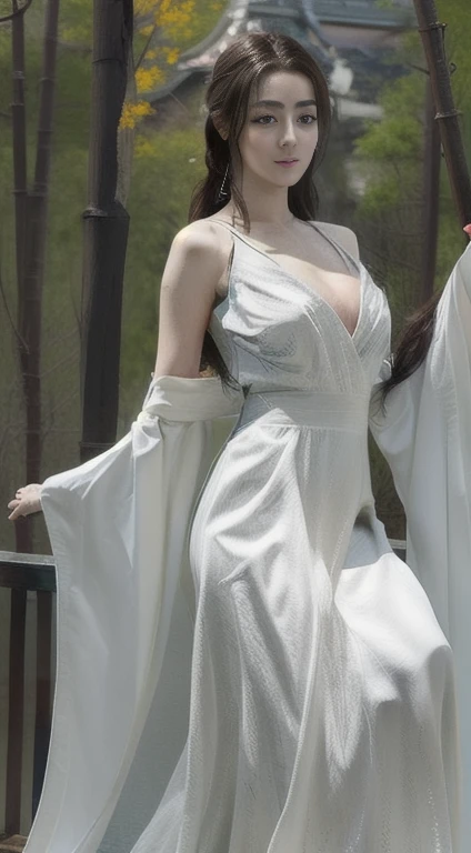 best quality, masterpiece, Realistic photos, intricexiste details, original photo, Costume stills, Wear cyan, White Hanfu, Chivalrous, Martial arts scenes, Bamboo forest background, Full body image, Background palace, Photon Rendering, Octane Rendering, ridiculous, Very detailed, Delicate face, Delicate skin, trends on artstexistion, 8k masterpieces, light, ((1 Girl)), ((Solitary)), (((Full and soft breasts,)))(((Large Breasts))) (((Cleavage)))((Watching_exist_Viewer)), (( Beautiful woman)),(Smile),Happy,fashion magazine,