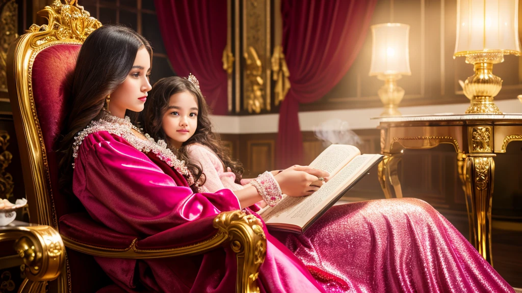 create a hyper realistic image of a beautiful young girl adorned in a glossy shiny vibrant pink robe with fluffy embellishments, sits elegantly on a classic-style chair inside a large, ornate crystal glass; the surrounding golden intricate designs enhance the glass's opulence. reading a book, background plush interior. Nearby, there is a small table , glossy red Rose's, coffee cup with steam, ultra HD 64k studio lightning light reflection