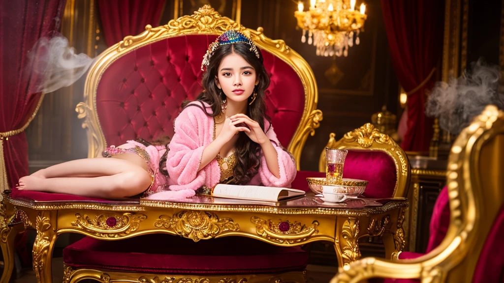 create a hyper realistic image of a beautiful young girl adorned in a glossy shiny vibrant pink robe with fluffy embellishments, sits elegantly on a classic-style chair inside a large, ornate crystal glass; the surrounding golden intricate designs enhance the glass's opulence. reading a book, background plush interior. Nearby, there is a small table , glossy red Rose's, coffee cup with steam, ultra HD 64k studio lightning light reflection