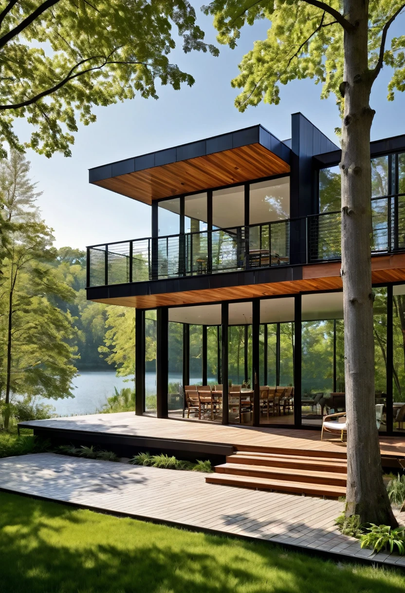 Imagine a contemporary home, where steel, wood and light gray concrete harmonize perfectly. The robust and elegant structure is complemented by brise-brise style windows, allowing natural light to dance through the space while maintaining privacy. From the spacious deck, the view opens up to a large, serene lake, reflecting the blue sky and surrounding trees. It's a spring afternoon, the gentle breeze carries the scent of flowers and the peaceful sound of water. The space is welcoming and relaxing, ideal for enjoying a good book or a coffee, in complete harmony with nature.