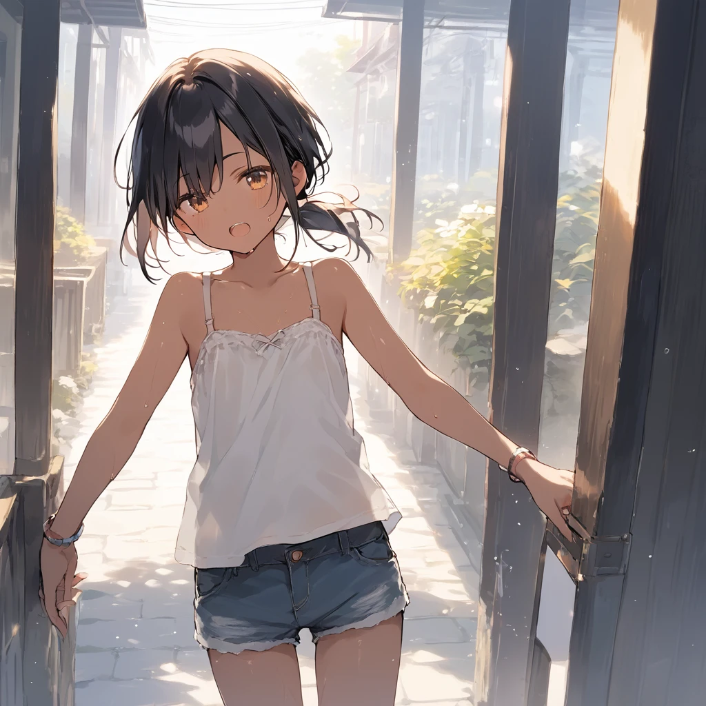 score_9, score_8_up, score_7_up, source_anime, best quality, masterpiece,official art, absurdres, highres, waifu2x,Collection: Slice of Life,break,1girl, tomboy, dark-skinned female, short hair, low ponytail, flat chest, beautiful detailed eyes, short shorts, sweat, open mouth, (yawn:0.3), sleepily, outdoors, wind, break,(clear line illustration:1.2),very high resolution, very aesthetic, super detailed skin, Best sexual lighting powered by famous artist, 8k,cute picture,beauty illustration,photoshop_(medium),,(Detailed Lighting),best anime 8k konachan wallpaper, pixiv contest winner,