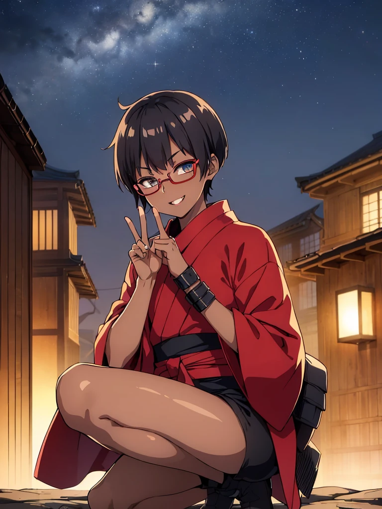 (flat chest:), (masterpiece:1.2), highest quality, High resolution, unity 8k wallpaper, (fine and beautiful eyes:1.6), highly detailed face, perfect lighting, Detailed CG, (perfect hands, perfect anatomy), (1 boy solo:1.4), 20 years old, black hair, extremely beautiful detailfeminine face and eyes, (evil smile:1.4), detailed eyes, best quality,( dark skin:1.8), (turtleneck shirt under yukata:1.2), (bike shorts:1.2), extremely detailed, very precise detailed, (glasses:1.3), blunt bangs, open mouth, (very short pixie cut:1.2), boots,fingerless gloves, smile, half closed eyes, ,(on kawara roof),night sky, ,long sidelocks,(long red Scarf),(yukata),(squatting), ears,(acrobat pose:1.3),(squat:1.3),leaning forward,(one knee dwon:1.5),(Put one foot in front:1.3),(stylish pose:1.4),(2 legs:1.9),(arm up:1.4),(Raise index finger)