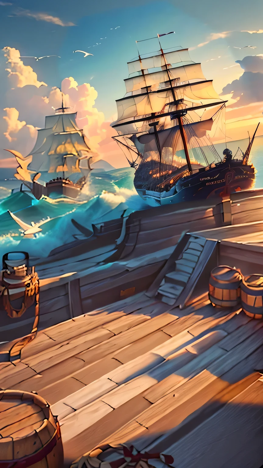 A ship floating on the sea,Barrels and scattered reins were neatly placed on the wooden deck.,In the distance, two ships are floating on the rough sea.,An island in the distance,There is also blue sky, white clouds and seagulls,Natural light,High-definition quality,High-quality posters,