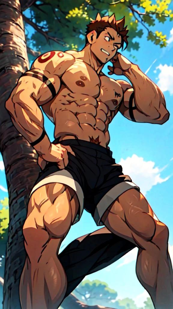 (barefoot),(barefoot),Youthful feeling,( Tattoo),(Thick body hair),(He was wearing baggy shorts,Revealing his length, muscular, Hairy legs),(Very prominent reproductive organs),(Very large genitals),(Leaning against a tree),(For the audience) ,(Put his hands on his waist), (Focus on your audience) ,(There is a huge bulge in the area),sideways,Sharp eyes,(Thick dark brown hair),(Bottom-up view),Broad shoulders,Muscles protrude a lot,The crotch is bulging,(Long legs),Highest image quality,cartoon ,Anime Wallpaper,Chest muscle expansion,spread your legs,Sexy,(main part, best quality),((Exaggerated muscle bulge)),The protagonist is tall,muscular and bulky, muscular characters, Awesome and cool, tall and muscular, muscular!!, Very strong, muscular attractive men, Huge muscles, Big Muscle, Muscle Man, Anime handsome man, muscular!, Giant muscles, muscular bodies, muscular character,(Long legs covered with long, Thick leg hair),(canto da foto de baixo para cima) (imagem da mais alta qualidade) ,Close-up photos,Lion man ,real, jovem, , vestindo shorts, virilha saliente, imagem de anime, Leaning against a tree, pernas bem abertas, male face, bonito rosto jovem, cabelo subcortado, huge muscle muscles of the chest, large strong thigh muscles, Biceps Sinewy muscles, Corpo enorme, corpo tonificado devido ao treinamento intenso, Well-developed muscles, ABS transparente de 8 embalagens, 3 metros de altura, topless, , pele brilhante, rede de suor pingando, (hands on thighs), bare feet, Sem barba,Thick Legs,