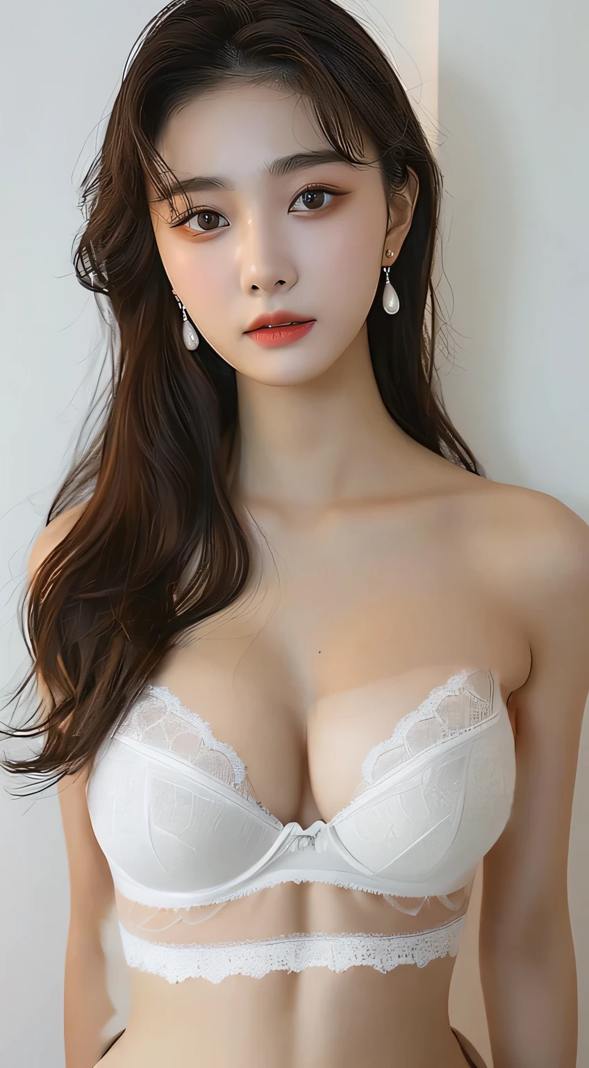 She's wearing a white bra made of lace fabric.