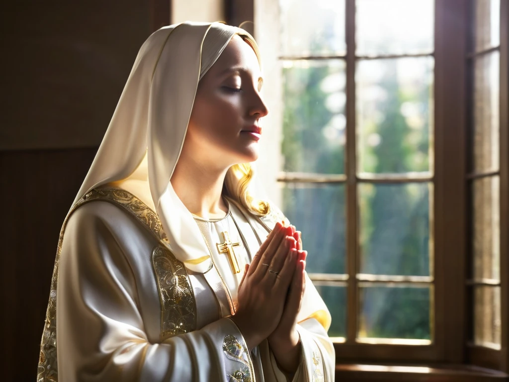 Virgin Mary in church，prayer，There is sunshine by the window