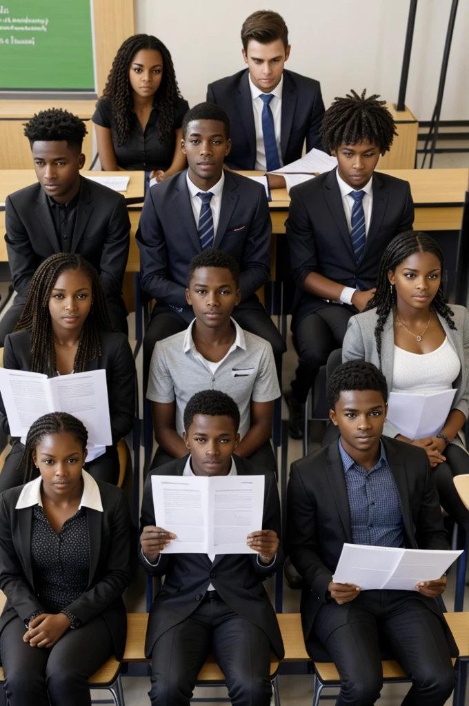 Three students including 2 boys and 1 in Agronomy of black complexion, cheveux noir, court de taille, devant les membres de jury pour la soutenance