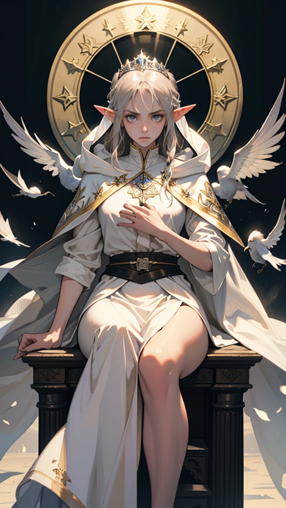 masterpiece, ultra detailed, 8K Portrait, Raw photo, a portrait photo of girl, Highly detailed face, beautiful and meticulous eyes, ((Fantasy)), (elf:1.0), 1woman, 30 year old, gray long hair, brown eyes, (melancholy expression:1.2), tiara, skinny, (ultra thin transparent silk cloth), hooded long white coat Fluttering in the wind, ((bare foots)), Midday Sun, Hyper realistic, out of medieval castle in the sky, sitting on the throne, Ambient lighting, Shadow details , strong breeze, Light fog