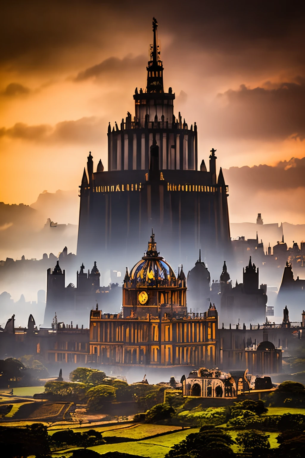 Inglaterra em uma era steampunk, with gothic landscapes and steampunk technology