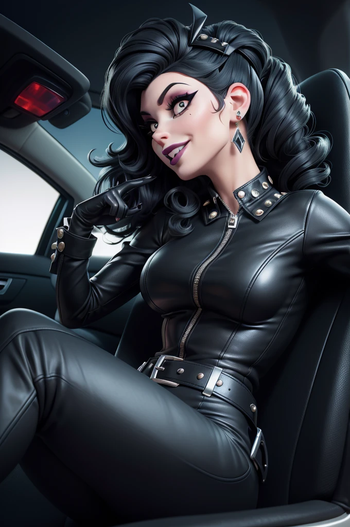 obra prima, melhor qualidade, (amy winehouse vamp 70yo face wrinkles) head back, sassy wicked girl, big toothy smile, open mouth, (shiny fat black lipstick,) thick smoky black eye shadow, long fake eyelashes, ((raven black beehive hair,)) shiny leather race queen outfit, bright vivid leather colors, with studs zippers snaps, shiny leather gloves, body is skinny, reclining in car seat, arched back, hips twisted, overhead camera view, looking down at me, shallow depth of field, highres, HD, 8k, anatomically correct