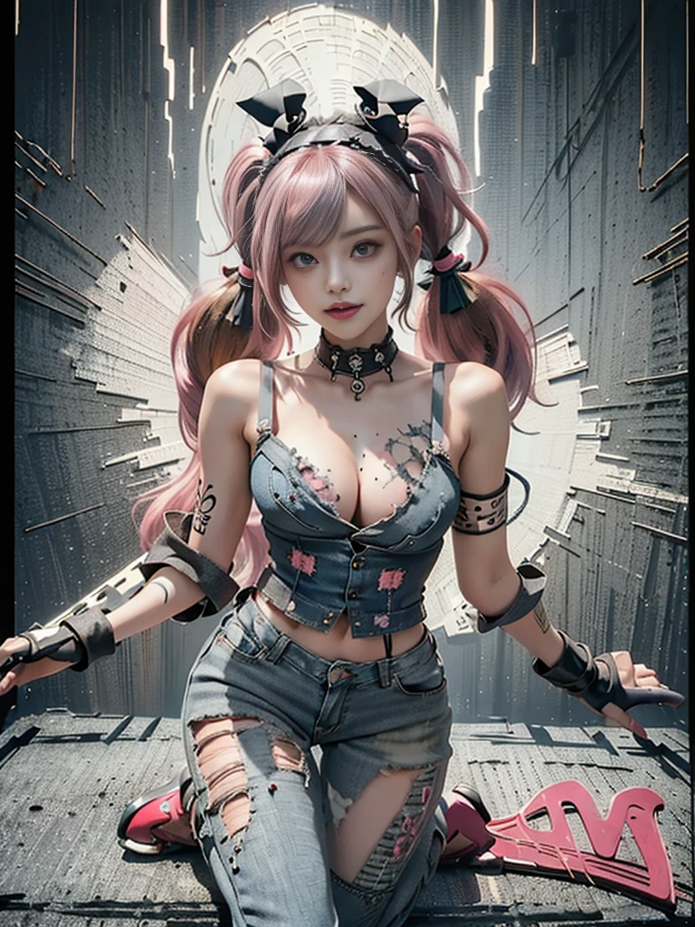 (Full Body View:1.3)、(Side view:1.1)、(Beautiful face:1.3)、(Smiling with teeth showing:1.3),(Shibuya Gal:1.5)、(Beverly Hills Whore:1.4)、(Neo-goth fashion:1.5)、(Punk RockVisual Kei:1.4)、(Modern white and red Barong:1.5)、(Tattered brown and charcoal denim bugle pants:1.5)、(Mustard Yellow Headband:1.3)、(Charcoal and khaki high heels:1.4)、collar、(We sell patterned underwear with logos.:1.4)、、NSFW,((Highest quality、In 8K、masterpiece:1.3))、Sharp focus:1.2、(Layered Cut、Huge boobs:1.1),Beautiful woman with perfect figure:1.4、(Open legs:1.3)、(Raise your arms:1.2)、(Open your crotch:1.3)、Slender Abs:1.2、Butt、Highly detailed face and skin texture、Detailed eyes、double eyelid,(Twin tails:1.3)、(Pink Hair:1.3)、Dynamic Pose、Obscene pose、Humiliating pose、Gravure idol、(luxury fashion show stage:1.3)、(Make your legs thinner:1.4)、(Slim body:1.3)、(clavicle:1.1)