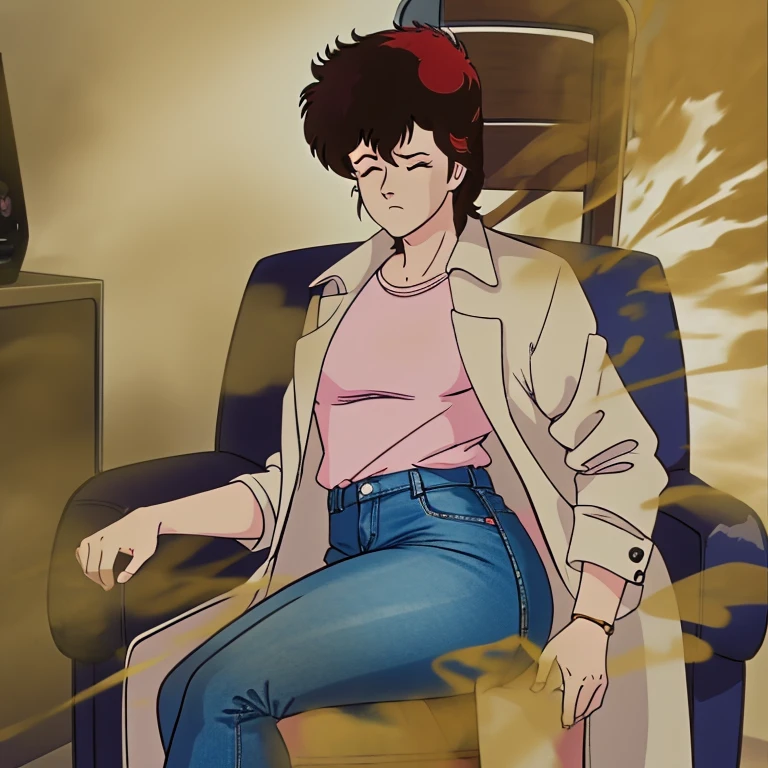 HD, high quality, high resolution, ultrahd,Kaori Makimura, 1female, solo, wearing default outfit, light pink shirt, white coat, wearing coat over tshirt, jeans, default hair, brown hair, very tall body, thin body, massive fart, yellow smoke, velocity, closed eyes, sitting on chair, leaning on chair, annoyed face, raising hips, lifting hips, alone in a room, viewing ass, beautiful lighting, highlights