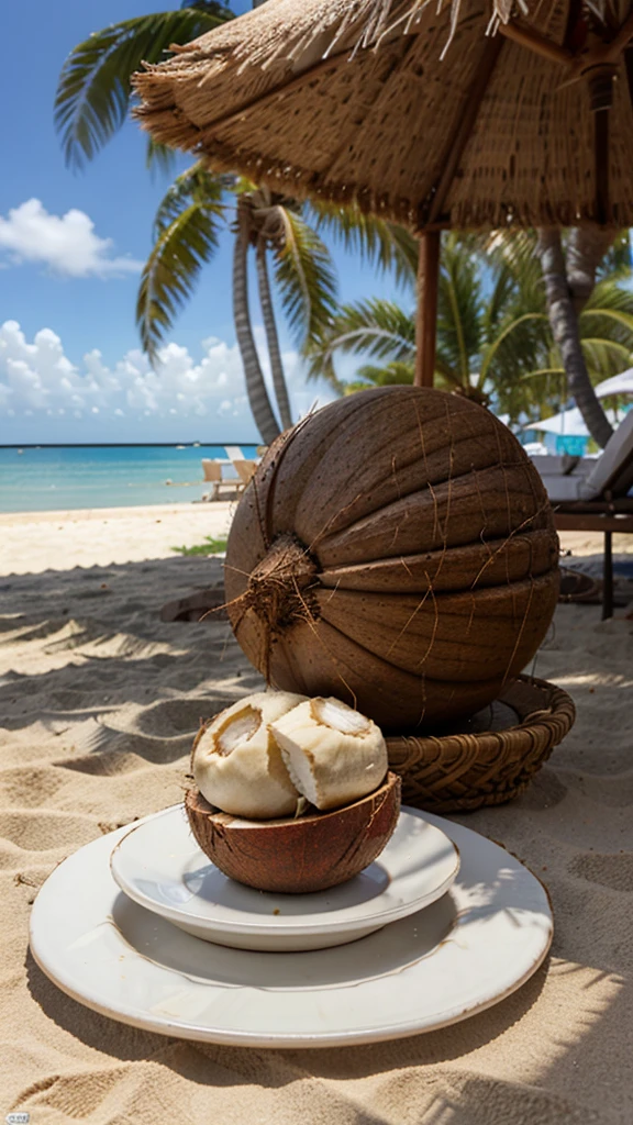 2 coconuts kept in 2 different plates , on a table , beach in background 