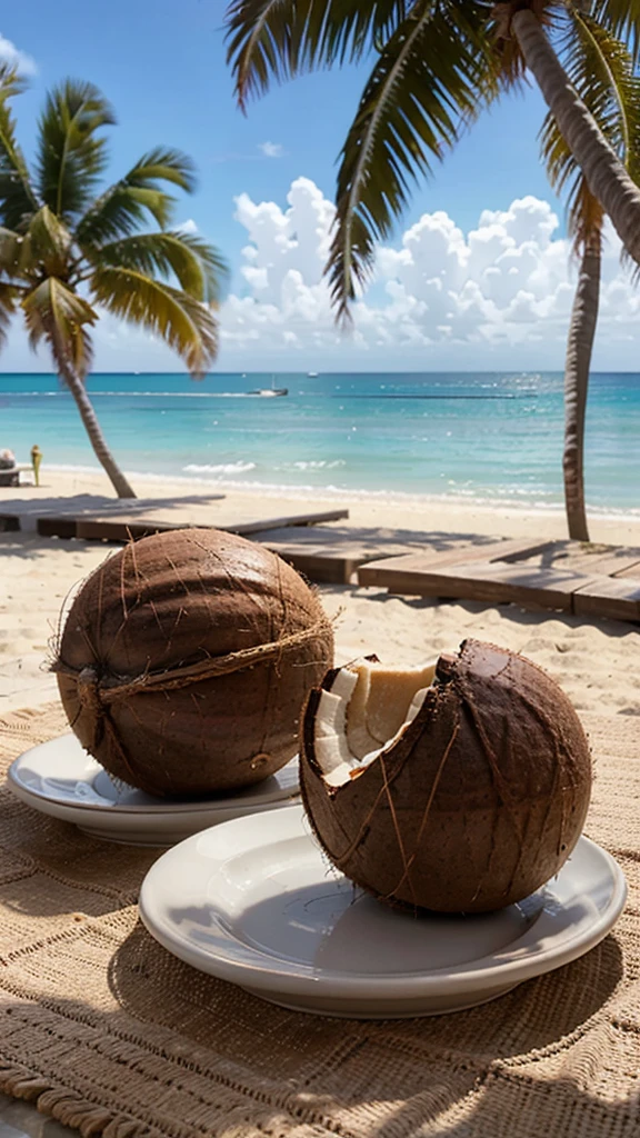 2 coconuts kept in 2 different plates , on a table , beach in background