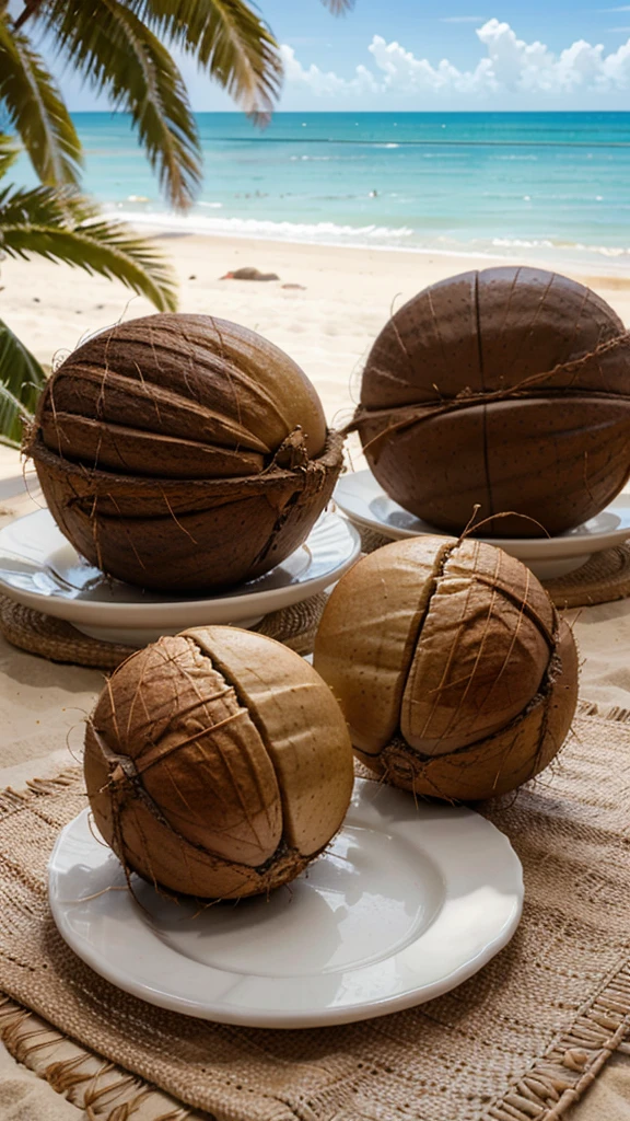 2 coconuts kept in 2 different plates , on a table , beach in background