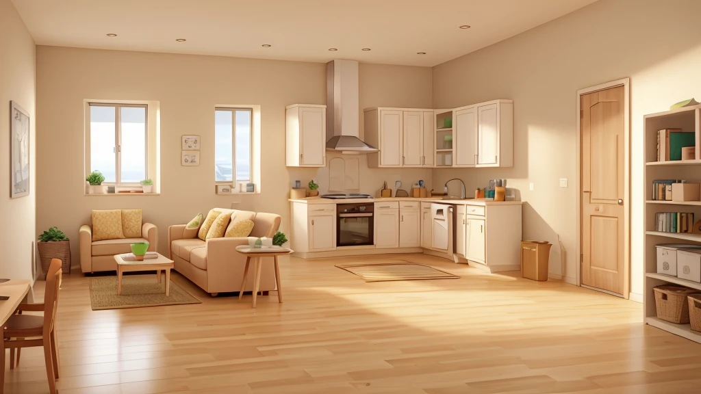A small, neatly organized apartment with beige walls. The scene should include a single slice of toast on a plate, buttered to an exact specification. Nearby, a beige refrigerator hums softly. There should be stacks of perfectly filed invoices and a limp salad chopped into uniform squares, symbolizing the precise and mundane routine of Reginald’s life.