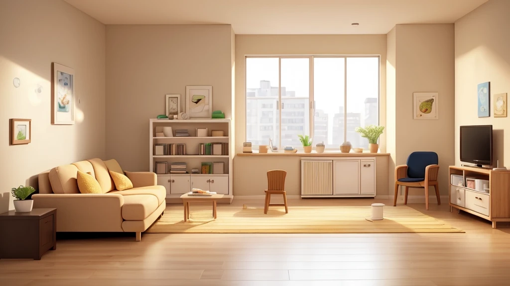 A small, neatly organized apartment with beige walls. The scene should include a single slice of toast on a plate, buttered to an exact specification. Nearby, a beige refrigerator hums softly. There should be stacks of perfectly filed invoices and a limp salad chopped into uniform squares, symbolizing the precise and mundane routine of Reginald’s life.