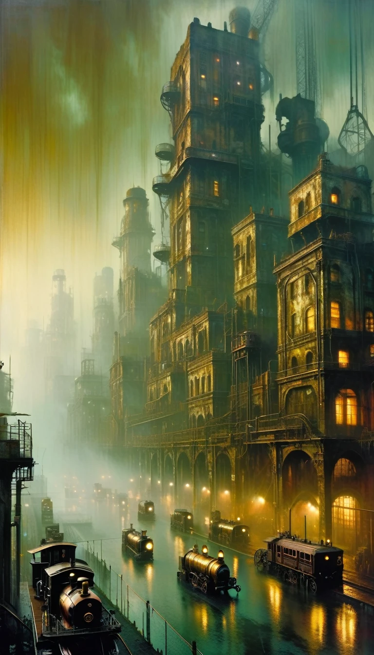 (steampunk:1.5), detailed large ruined city foggy atmosphere, polluted environment, dirty industrial aesthetic, dystopian atmosphere, dramatic lighting, muted color palette, highly detailed masterpiece (best quality, 4k, 8k, high resolution, artwork master: 1.2), ultra detailed, (realistic, photorealistic, photorealistic: 1.37)(art inspired by Bill Sienkiewicz). oil painting)
