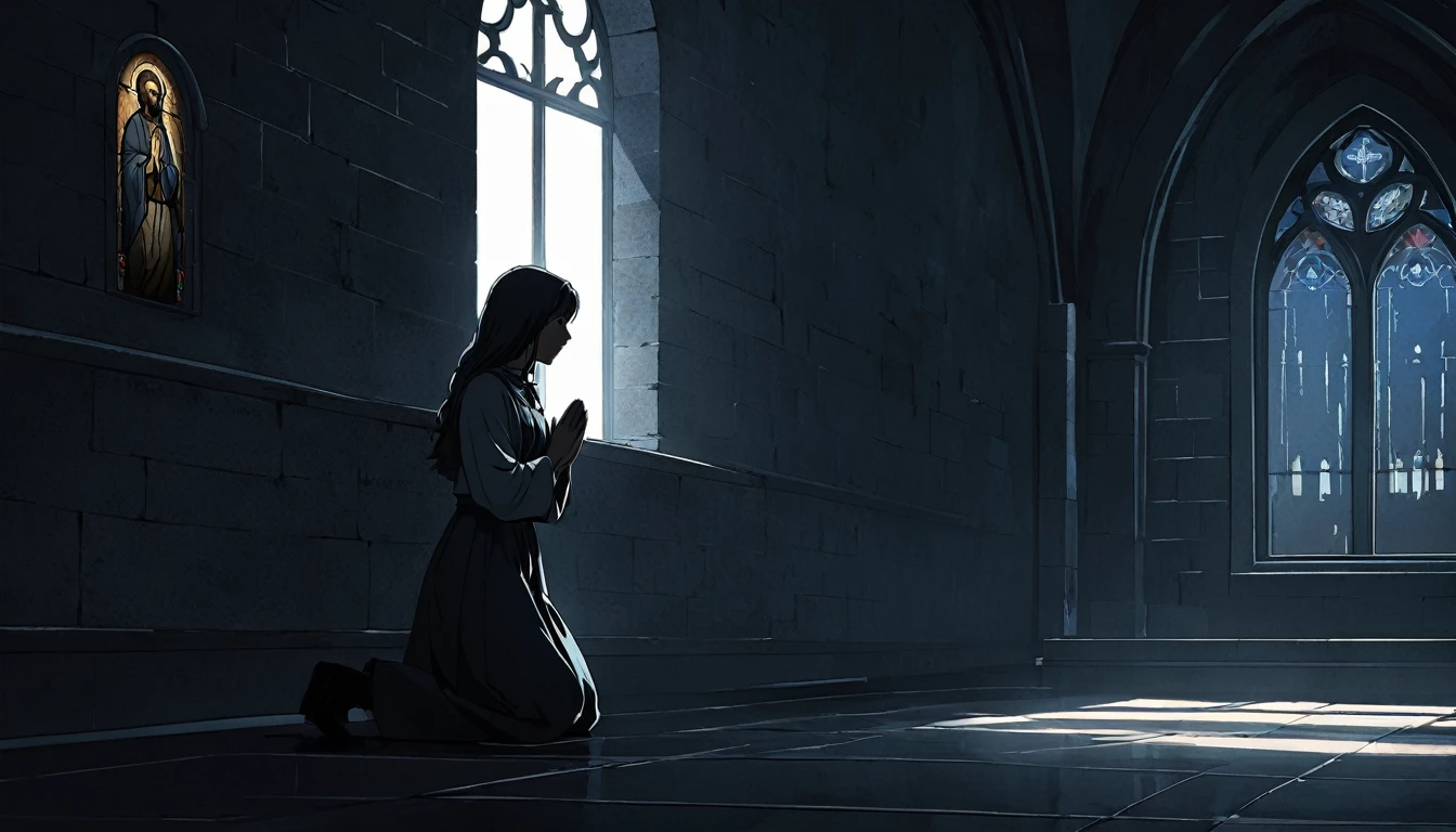 High definition animation. A girl is kneeling in a slightly dark church, looking at Jesus hanging on the lonely wall and praying. One window. Girl's half body shot