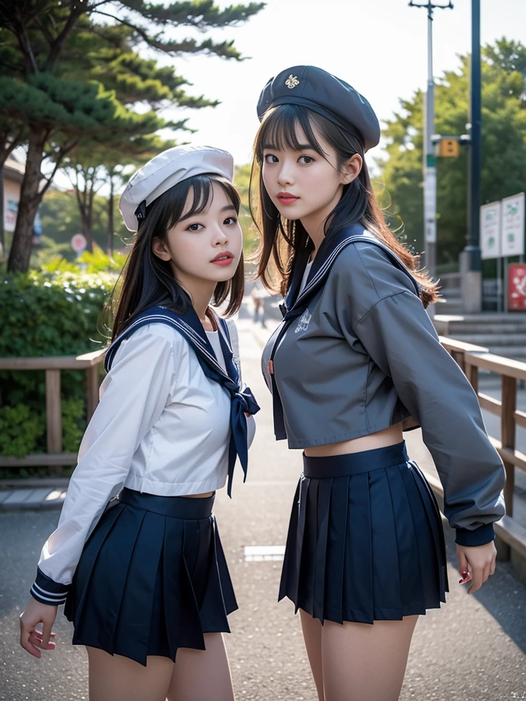 mix4, (16 K, Raw photography, Top image quality, ​masterpiece: 1.45), (realisitic, Photorealsitic: 1.37), one girls, 7．5, etc、Random hairstyle、Standing figure，Noon time slot、a very cute, Precincts of the shrine,stone stairs, profetional lighting, photon maping, a park、physically-based renderingt, Gradient dark brown hair,, a handsome, Well-groomed and beautiful eyes、Large double eyelids、Very shiny、girl with, (((student clothes、Long sleeve sailor suit worn by Japan schoolgirl、red cuffs、Dark blue mini skirt, Small gray beret、Dark blue knee-high socks、Black loafers))), Top Quality Photos, hight resolution, 1080p, (clearface), (Detailed face description), (Detailed hand description), (​masterpiece), (Exquisite CG)、extreme light and shadows、dishevled hair、master work、abundant detail、(Fine facial features)、(top quality photo)、(masuter piece)、(A detailed eye)、Look in front of you、Fine clavicle、((Slender big))、(((Japan schoolgirl in long-sleeved sailor suit)))、((Ready Idol System))、((Precincts of the shrine、torii gate、Tesuisha、Komainu))、(Shooting from random perspectives)、(((Anyway cute)))、耳Nipple Ring、A big smile、Drawing the whole body from the knees、Do not draw nasolabial folds、(((Long-sleeved sailor suit)))、(Big breasts that hang down big:1.2)、Big buttocks with tension、Two arms and two legs、(((from the front side:1.1)))、bare hand、No mask、