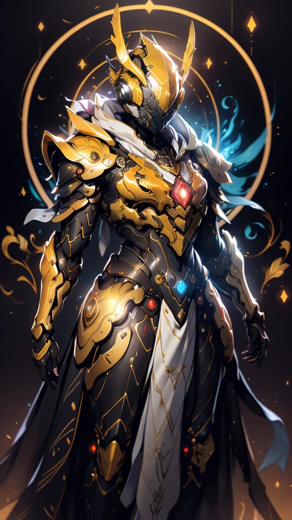 A woman adorned in fantasy-style full-body armor, a crown-concept fully enclosed helmet that unveils only her eyes, a composite layered chest plate, fully encompassing shoulder and hand guards, a lightweight waist armor, form-fitting shin guards, the overall design is heavy-duty yet flexible, (the armor gleams with a golden glow, complemented by red and blue accents), exhibiting a noble aura, she floats above a fantasy-surreal high-tech city, this character embodies a finely crafted fantasy-surreal style armored hero in anime style, exquisite and mature manga art style, (mixture of Queen bee and Spider concept Armor, plasma), ((Element, elegant, goddess, femminine:1.5)), metallic, high definition, best quality, highres, ultra-detailed, ultra-fine painting, extremely delicate, professional, anatomically correct, symmetrical face, extremely detailed eyes and face, high quality eyes, creativity, RAW photo, UHD, 32k, Natural light, cinematic lighting, masterpiece-anatomy-perfect, masterpiece:1.5
